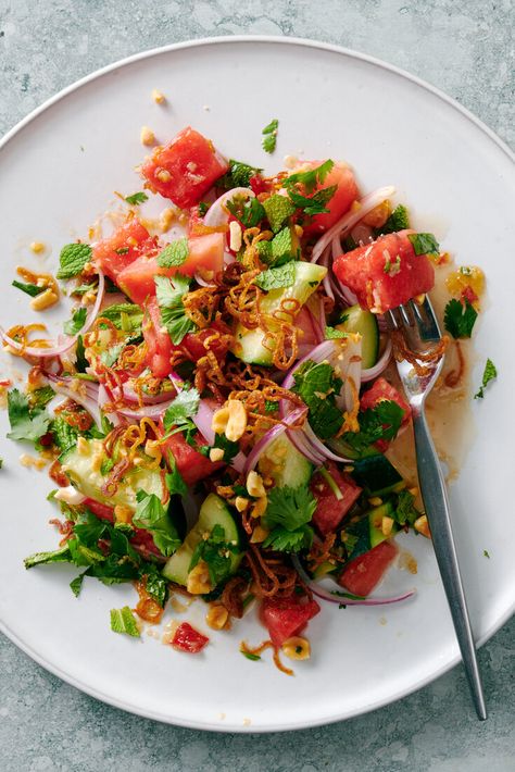 Watermelon Salad With Fried Shallots and Fish Sauce Recipe - NYT Cooking Fish Sauce Recipe, Vegetarian Food List, Poached Shrimp, Recipes With Fish Sauce, Melon Salad, Green Mango, Simple Salad, Fried Shallots, Watermelon Salad