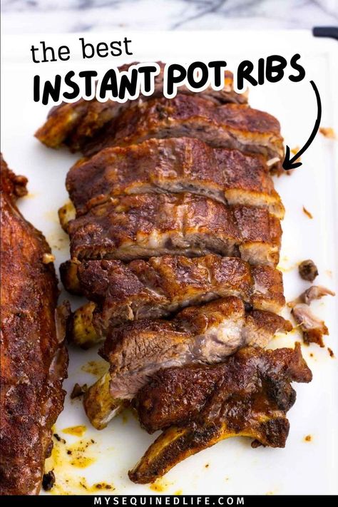 A sliced rack of cooked ribs on a cutting board. Instant Pot Ribs Recipe, Instant Pot Ribs, Healthy Coleslaw, Paleo Dinners, Baked Ribs, Lemon Garlic Chicken, Ribs Recipe, Bbq Sauce Recipe, Homemade Bbq