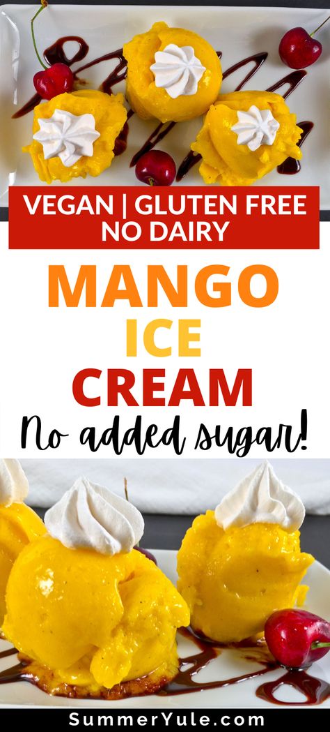 This mango nice cream recipe is a nice alternative to ice cream because it contains no added sugar! See how easy it is to create a simple frozen mango dessert with little more than a food processor and frozen fruits. This recipe is dairy-free, added sugar-free, and scoops nicely. Save your overripe mangos to make this cooling dessert that goes perfectly with your favorite ice cream toppings. #healthyrecipes #vegan #glutenfree #healthysnack #healthysnacks #vegetarian #mango #dairyfree #nodairy Frozen Mango Dessert, Sugar Free Sorbet, Mango Ice Cream Recipe, Frozen Fruit Bars, Ice Cream Alternative, Nice Cream Recipe, Healthy Ice Cream Recipes, Plantbased Recipes, Mango Dessert