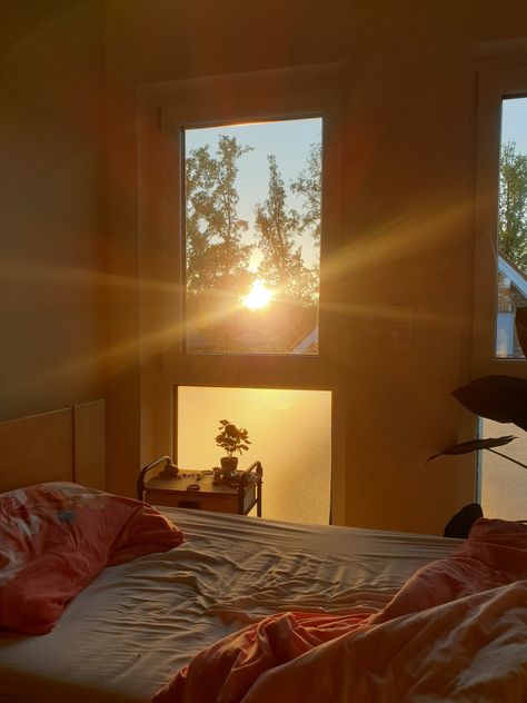 Sun Filled Apartment, Golden Hour Aesthetic Room, Warm Lighting Bedroom, Sunny Bedroom, Modern Scene, Car Dream, Sunny Disposition, Clean Bed, Happy Lights