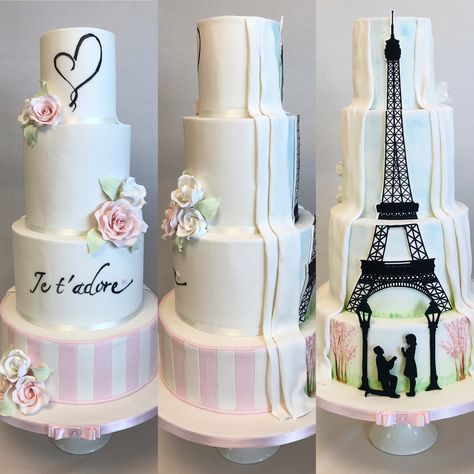 Dual Theme wedding cake - Paris, simple Parisian theme detail to the front and hidden engagement detail on the back Paris Theme Wedding Reception, Paris Wedding Theme, Parisian Cake, Parisian Wedding Theme, Cake Paris, Paris Theme Wedding, Parisian Wedding, Parisian Theme, Themed Wedding Cakes