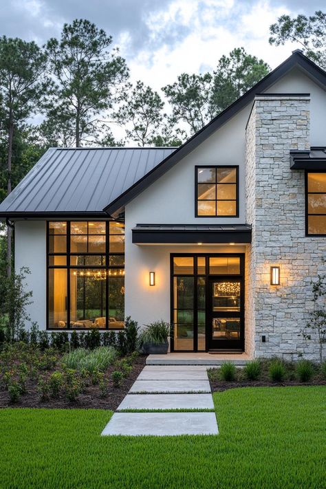 60 Stylish Transitional Homes for a Perfect Balance of Old and New Semi Modern House, Organic Modern House Exterior, Organic Modern Exterior, Modern Transitional Exterior, Modern French House, Modern Ranch House Exterior, Cozy Modern House, Renovation Old House, Transitional Homes