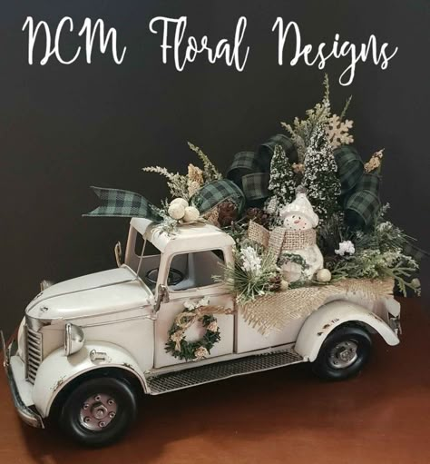 Metal Truck Christmas Decor, Christmas Truck Centerpiece, White Truck Christmas Decor, Metal Truck Decor, Metal Truck Decor Ideas, Truck Centerpieces Ideas, Little Red Truck Christmas Decor, Christmas Truck Decor, Red Truck Christmas Decor Ideas