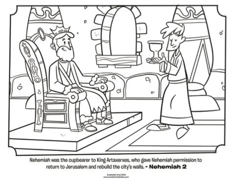 Kids coloring page from What's in the Bible? featuring Nehemiah and King Artaxerxes from Nehemiah 2. Volume 7: Exile and Return! Sunday School Coloring Sheets, Sunday School Worksheets, Bible Story Crafts, Preschool Bible, School Coloring Pages, Bible Study For Kids, Bible Coloring Pages, Bible Crafts For Kids, Childrens Bible