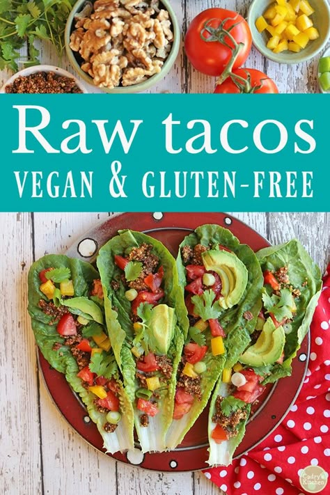 Who says that raw vegetables are only for salad? Jazz up those walnuts, romaine leaves, tomatoes, and bell peppers by turning them into mouthwatering tacos instead. Makes 4 to 6 tacos. Raw Tacos, Raw Vegan Recipes Easy, Raw Vegan Dinners, Tacos Easy, Raw Vegan Diet, Vegan Recipes Beginner, Vegan Lunch Recipes, Vegan Mexican, Raw Diet