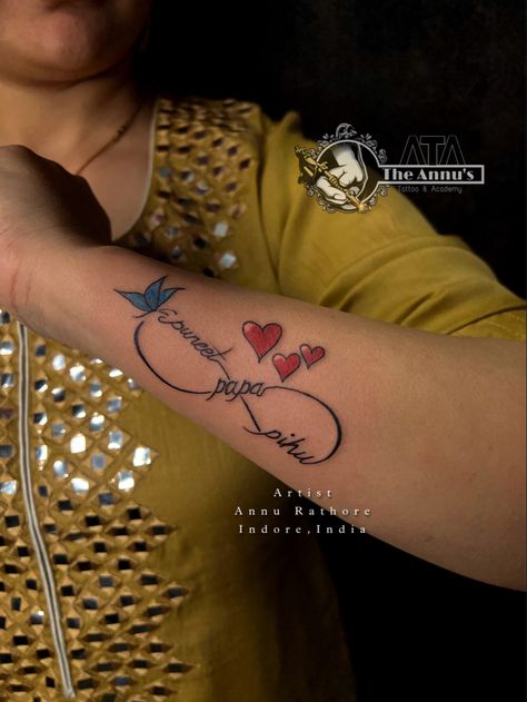 Infinity Chest Tattoo Female, Tattoo Name Ideas Female, Tattoo Ideas Female With Names, Couple Wrist Tattoos, Heart Tattoos With Names, Name Tattoos For Moms, Tiny Heart Tattoos, Infinity Tattoo Designs, Tiny Wrist Tattoos