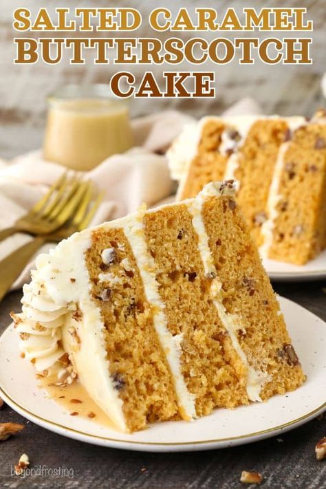 This salted caramel butterscotch cake has three decadent cake layers covered with creamy brown butter frosting and salted caramel sauce. #butterscotch #cake #saltedcaramel Vanilla Salted Caramel Cake, Butterscotch Pound Cake, Christmas Box Cake Ideas, Old Fashioned Caramel Cake, Creative Christmas Desserts, Cake Recipes Using Box Cake Mixes, Salted Caramel Apple Cake Recipe, Bread Machine Cake, Rich Butter Cake Recipe