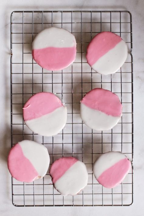 New York City-Style Pink & White Cookies | Rebekah Lowin Cookie Base Recipe, White Cookies, Black And White Cookies, Pink Cookies, White Cookie, Holiday Party Foods, Pink Icing, Waxing Poetic, White Icing