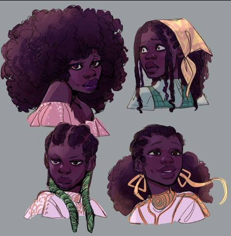 Poc Oc Hairstyles, Coils Hair Drawing, Afro Hair Art Drawings, Long Hairstyles Character Design, How To Draw Dreads Female, Black Hairstyles Character Design, Art Hairstyle Ideas, Natural Hair Styles Drawing, 4c Hair Drawing Reference