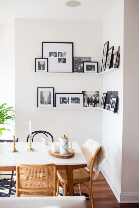 Fun Stylish Photo Displays | Apartment Therapy Diy Dining Nook, Corner Decorating Ideas, Corner Gallery Wall, Photo Shelf, Photo Ledge, Picture Shelves, Diy Dining, Picture Ledge, Building Furniture