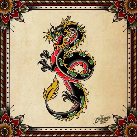 Japanese Tattoo Art Traditional Dragon, Tradition Dragon Tattoo, Old School Dragon Tattoo Designs, Dragon Tattoo Traditional Old School, American Traditional Dragon Tattoo Flash, Traditional Style Dragon Tattoo, American Traditional Tattoos Dragon, Traditional Dragon Tattoo Design, Traditional Dragon Tattoo Flash