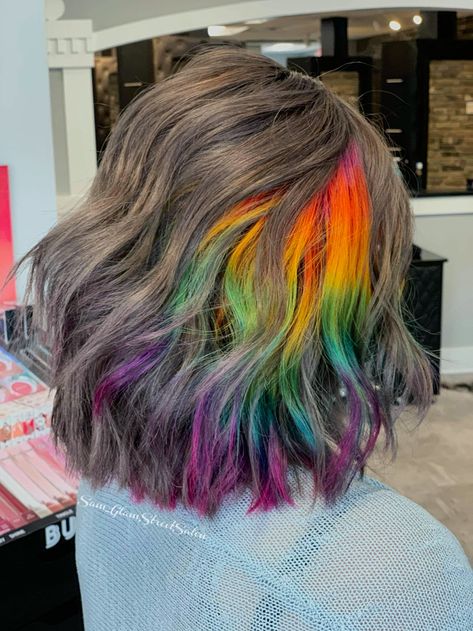 Unicorn Peekaboo Hair, Prism Highlights, Rainbow Underneath Hair, Brown Hair Colours, Hidden Rainbow Hair, Hidden Hair Color, Peekaboo Hair Colors, Hair Stripping, Colored Hair Tips