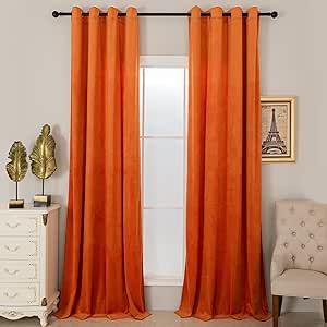 Orange Velvet Curtains, Dining Room Orange, Orange Curtains, Dining Room Curtains, Living Room Orange, Insulated Curtains, Rustic Curtains, Orange Velvet, Window Insulation