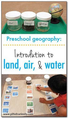 Introduction to land, air, and water: a fun, Montessori-inspired preschool geography lesson that helps kids understand what our earth is made of || Gift of Curiosity Land Air And Water Preschool, Land Water And Air Activities, Montessori Science Preschool, Preschool Earth Science, Geography Lessons For Kindergarten, Weather Social Studies Preschool, Continent Study Kindergarten, Land Sea Air Preschool, Earth Montessori Activities