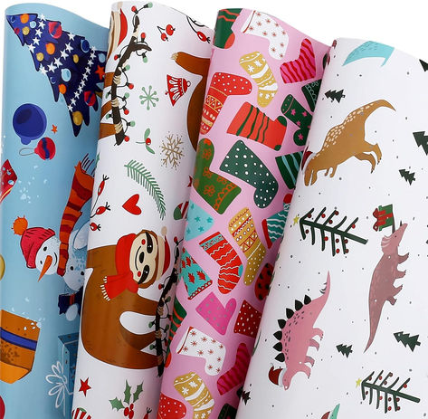 Christmas Wrapping Paper for Kids Boys Girls Baby Women Men - 12 Sheets Xmas Gift Wrap 4 Cartoon Designs Dinosaur, Sloths, Snowmen, Socks - Folded Flat, 20 Inch X 29 Inch Per Sheet #ad #christmas #wrappingpaper #sloth #dinosaurs #stocking #christmastree Kids Christmas Wrapping Paper, Sloth Socks, Xmas Wrapping Paper, Xmas Gift Wrap, Holiday Wrapping, Holiday Wrap, Cartoon Designs, Gift Wrap Paper, Christmas Wrapping Paper