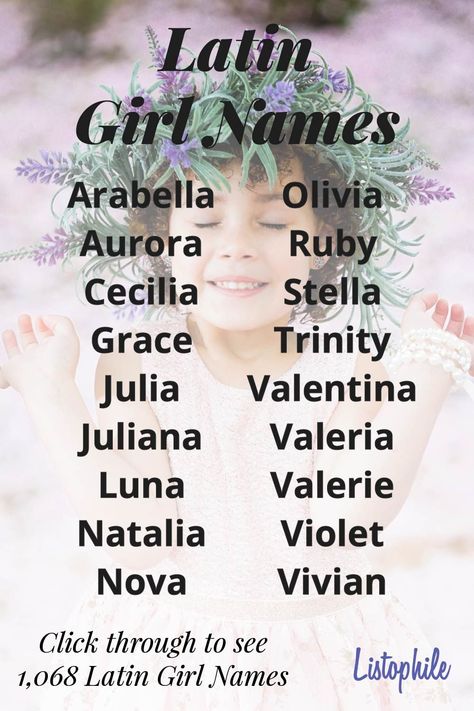 1,068 Latin Girl Names. Latin is the root of the ‘Romance languages’, upon which English, French, Spanish, Italian, and many others are based. Click through to see more Latin Girl Names. French Female Names, Latin Names Girl, Latin Female Names, Latin Baby Names, Cute Latin Nicknames, Latin Pet Names, Latina Names, Spanish Girl Names, Italian Names Girl