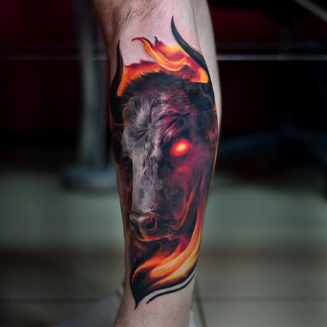 Realistic Traditional Bull Tattoo Realistic Bull Tattoo, Angry Bull Tattoo, Bull Tattoo Design For Men, Traditional Bull Tattoo, Bull Tattoo Design, Ox Tattoo, Taurus Bull Tattoos, Halo Tattoo, Angry Bull