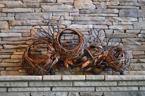 Woven Sculpture, Fireplace Mantels Decor, Driftwood Stain, Vine And Branches, Floating Mantel, Easy Sculpture Ideas, Easy Sculpture, Garden Basket, Newspaper Basket