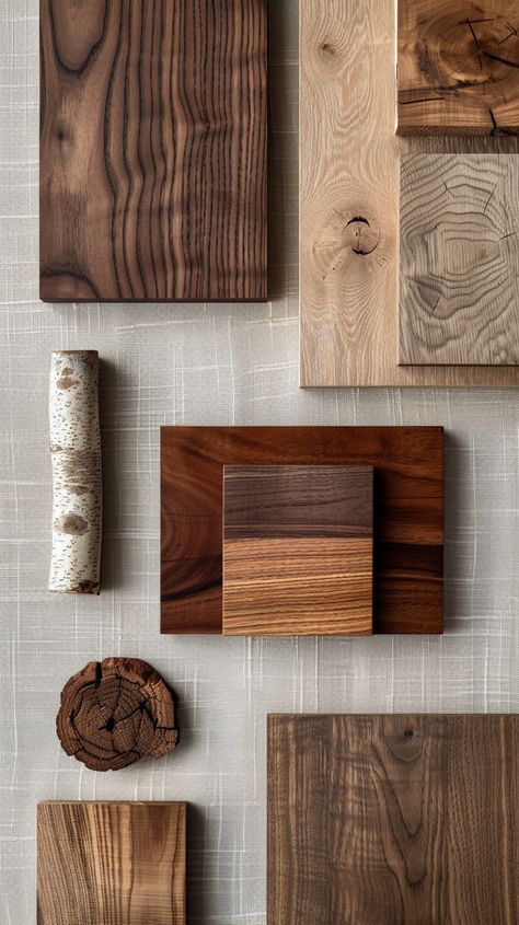 Cherry Wood Mood Board, Wood Sample Board, Burj Khalifa Apartment, Tool Display, Wood Samples, Wood Aesthetic, Mood Board Interior, Wood Building, Sofa Modern