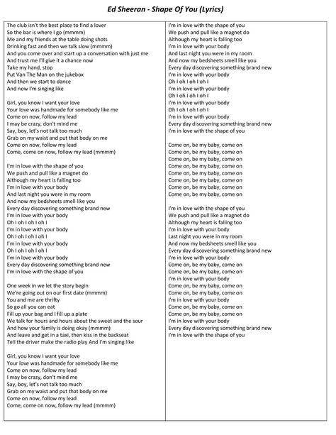 Ed Sheeran - Shape of You Shape Of U Lyrics, Shape Of You Song Lyrics, Spotify Board, Shape Of You Song, Shape Of You Lyrics, Shape Of You Ed Sheeran, Free Song Lyrics, Pink Song Lyrics, Free Lyrics