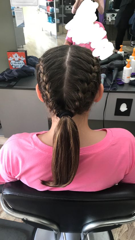 Two dutch braids that go into a low ponytail. Two French Braids Into Low Ponytail, Cheer Ponytail, Low Pony Hairstyles, French Braid Short Hair, Dance Competition Hair, Dutch Braid Ponytail, Low Ponytail Hairstyles, Neural Pathways, Track Hairstyles