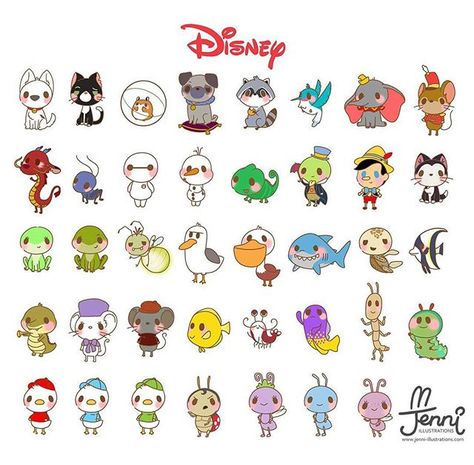 Finished Chibi Disney Part.2 ❤ (62➡100!!!!) I finally drew 100 Disney Characters! Haha.  Reward myself with Chocolates haha  #disney #chibidisney #disneylover #disneyfan #disneybolt #dumbo #bugslife #pochahontas #mulan #frogprincess #findingnemo #pinocchio #baymax #olaf #kawaiilife #kawaiiartist #jennilustrations #jenniillustrations Disney Characters Easy, Chibi Disney, Disney Doodles, Disney Cuties, Character Stickers, Disney Characters Wallpaper, Drawing Hands, Kawaii Disney, Cute Disney Drawings