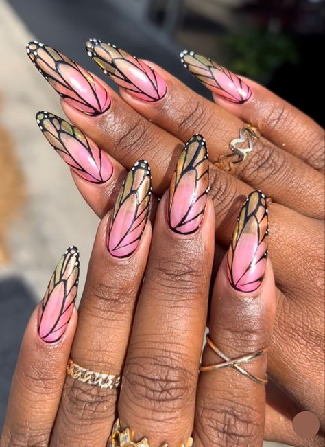 Trending Acrylic Nails 2024, Neutral Butterfly Nails, Fairy Wing Nail Art, Almond Nails With Butterflies, 2024 Trend Nails, Fairy Wing Nails, Butterfly Pink Nails, Butterfly Almond Nails, Butterfly Nails Acrylics