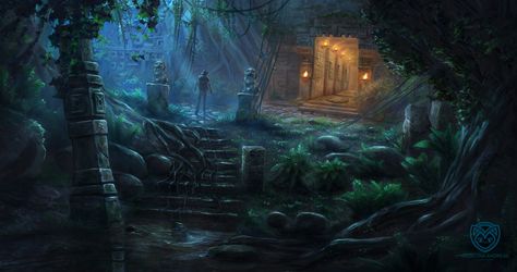 Mayan Aztec "the lost city"  Jungle Temple Ruins , angelina andreas on ArtStation at https://www.artstation.com/artwork/N5RYK5 Fantasy Swamp, Manga Backgrounds, Fantasy Landscape Art, Jungle Temple, Story Backgrounds, Temple Ruins, Choices Game, Building Architecture, Fantasy Places