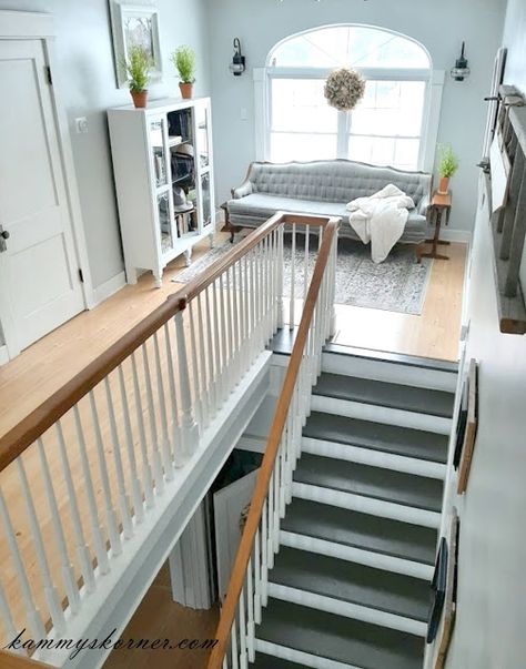 Upstairs Hallway Ideas Landing, Repurposed Hutch, Bed Posts, Hutch Top, Upstairs Hallway Ideas, Landing Ideas, Landing Library, Upstairs Landing, Bed With Posts