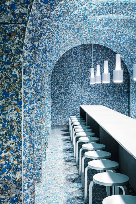 Recycled Materials Interior Design, Plastic Terrazzo, Recycled Interior Design, Henrietta Hotel, Burgundy Bathroom, Monochrome Bathroom, Recycle Design, Treehouse Hotel, Pantone 2020