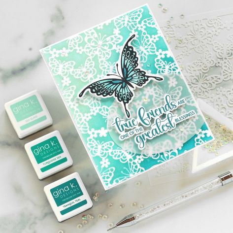 @meghannandrew • Instagram photos and videos Stencil Cards, Spring Stamps, Fluttering Butterflies, Gina K Designs, Gina K, Delicate Flowers, Friendship Cards, Butterfly Cards, That One Friend