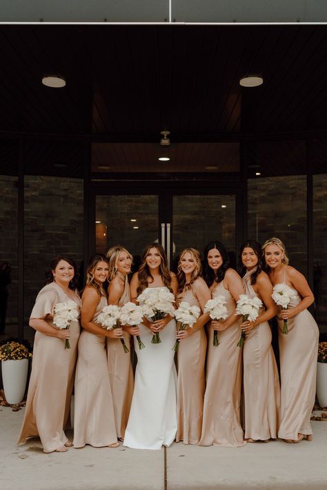 Champagne Bouquet Bridesmaid, Deep Champagne Bridesmaid Dresses, Champaign Bridesmaids Dress, Blush And Champagne Wedding Decorations, Spring Champagne Wedding, Wedding Colour Schemes Champagne, Champange Bridesmaid Dresses, Black White Champagne Wedding Color Schemes, Mismatched Bridesmaid Dresses Champagne