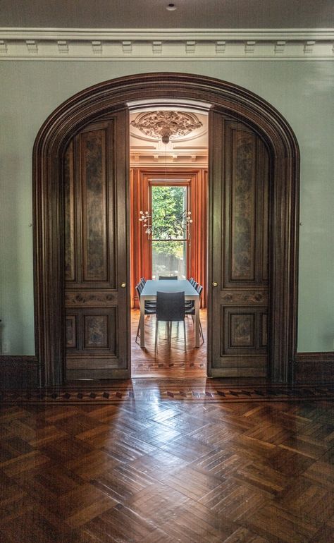 New York Brownstone Interior, Brownstone Interiors, Hallway Sconces, New York Brownstone, Beadboard Wainscoting, Parlor Floor, Red Dining Room, Brooklyn Design, Brooklyn Brownstone