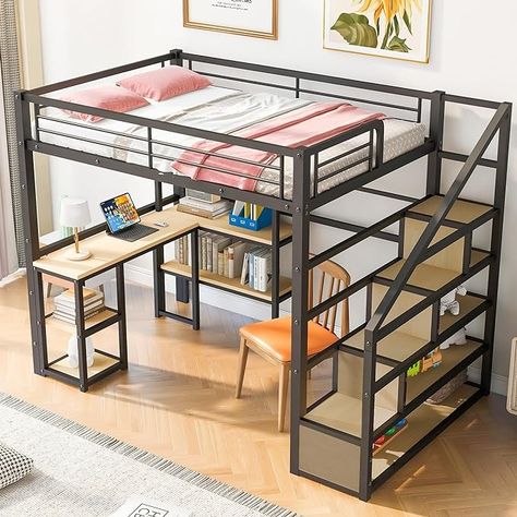 Amazon.com: BIADNBZ Metal Loft Bed Full Size with Stairs, Built-in Desk and 3-Tier Shelves, High Bedframe with Storage Steps, for Kids Teens Bedroom, Black : Home & Kitchen Loft Bed Stairs, Loft Bed Storage, Staircase Shelves, Adult Loft Bed, Built In Desk And Shelves, Loft Beds For Small Rooms, Desk And Shelves, Metal Loft Bed, Loft Bed Frame