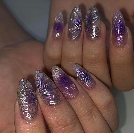 Fairy Prom Nails, Purple Princess Nails, Purple Fairy Nails, Purple Nail Inspo Acrylic, Winx Club Nails, Purple Green Nails, Fairy Aesthetic Nails, Purple Gold Nails, Arcane Nails