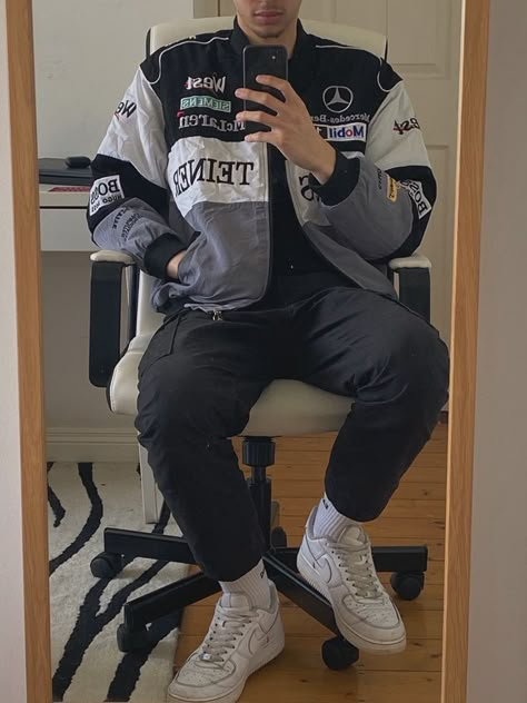 Outfit Inspo Y2k Grunge Men, Mens Racer Jacket Outfit, F1 Jacket Outfit Men, F1 Outfit Men, Racer Jacket Outfit Man, Racing Jacket Outfit Men, Race Jacket Outfit, Racer Jacket Men, Racer Jacket Outfit