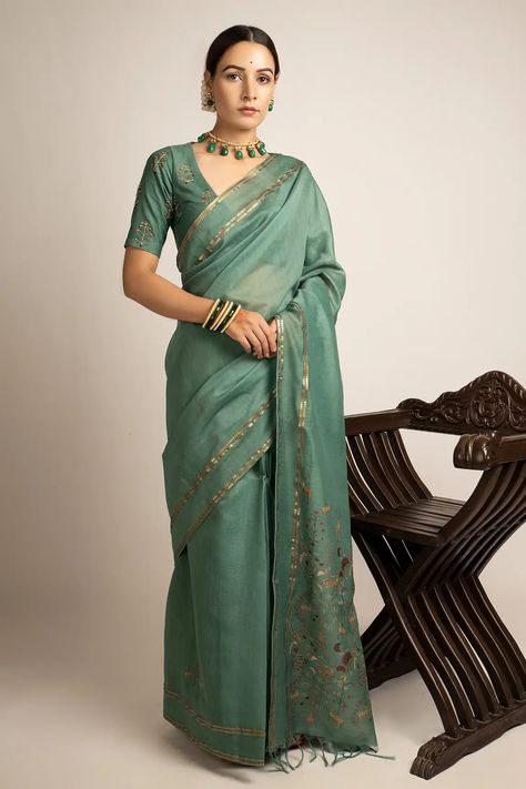 Buy Rashi Jain Green Bageecha Chanderi Saree Online | Aza Fashions Desiner Sarees, Indian Sari Dress, Chanderi Saree, Saree For Women, Simple Sarees, Indian Fashion Saree, Casual Saree, Saree Trends, Dress Indian Style