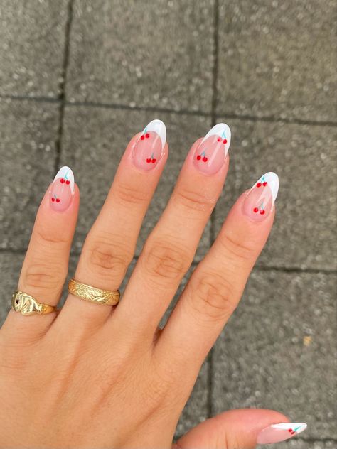 Summer Nail Ideas French Tips, Press On Designs, Nail Ideas French Tips, Cute Cherry Nails, Round Nails Short, French Tip Nails White, Cherry Nails, Summery Nails, Cute Gel Nails