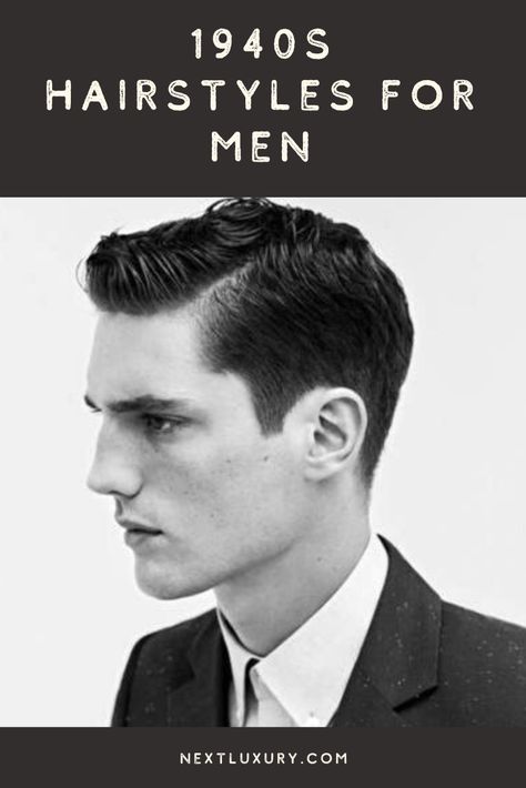 In reality, the 1940’s marked a key turning point for one of the most popular decades of men’s hairstyles, the 1950s. Though, the change was truly subtle during the period with slightly longer lengths and added volume.While it’s true the Forties didn’t have as big of a push as the Fifties, the change was still considerable even without the rock and roll. #nextluxury #hairstylesformen #menshairstyles #menshaircut Mens 1940s Hairstyles, Mens 40s Hairstyles, Traditional Mens Haircut, 1940s Hairstyles Men, 40s Hairstyles Men, Classic Haircut Men Vintage, Noir Hairstyles, Vintage Mens Hairstyles, 40s Mens Hairstyles