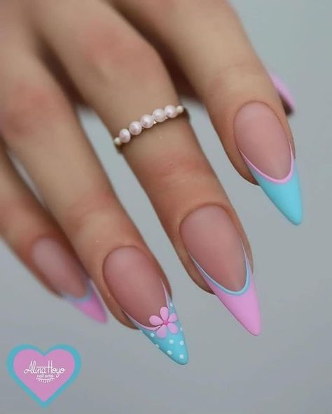 Pink And Blue Nails, French Acrylic Nails, Pretty Nail Art Designs, Blue Nail Designs, Almond Acrylic Nails, Blue Nail, Coffin Nails Long, Pastel Nails, Luxury Nails