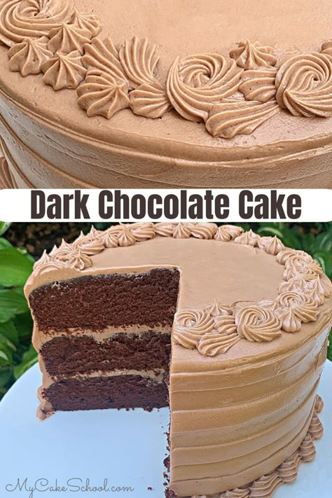 Dark Chocolate Cake with Chocolate Cream Cheese Buttercream | My Cake School Chocolate Cream Cheese Buttercream, Almond Joy Cake, Doctored Cake Mix Recipes, Sour Cream Chocolate Cake, My Cake School, Homemade Dark Chocolate, Southern Cake, Dark Chocolate Cake, Fruity Cake