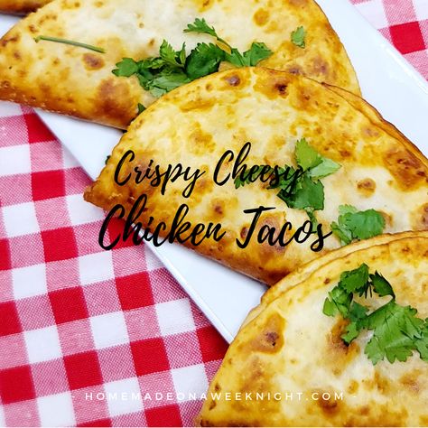 Crispy Cheesy Chicken Tacos - A delicious and simple chicken taco full of cheesy goodness all in a crispy shell #tacotuesday Crispy Cheesy Chicken Tacos, Baked Crispy Chicken Tacos, Crispy Chicken Tacos Oven Baked, Cheesy Chicken Tacos, Baked Crunchy Chicken Tacos, Tacos Homemade, Crispy Chicken Tacos, Taco Appetizers, Fried Tacos