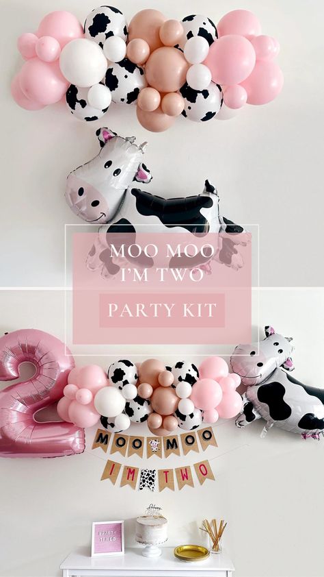 Mooing into Two! 🎀🐄 Celebrate your little one with a 'Pink Moo Moo I'm Two' birthday bash with adorable balloons and moo-tastic banners. Join us for a barnyard of fun, laughter, and two-year-old adventures! #PinkCowParty #MooI'mTwo #BirthdayBarnyard Moo Moo Birthday Party, 2nd Birthday Party For Girl Farm Theme, 2 Year Birthday Theme Cowgirl, Turning Two Birthday Ideas Girl, Second Bday Party Ideas Girl, Pink Baa Moo I’m Two, Moo Moo I’m Two Birthday Party, Moo I’m Two, Farm Theme 2nd Birthday Girl