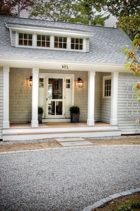 entry alcove Gray House, Shed Dormer, Building A Porch, A Small House, Farmhouse Front Porches, Attic Renovation, Style Cottage, Casa Exterior, Farmhouse Front