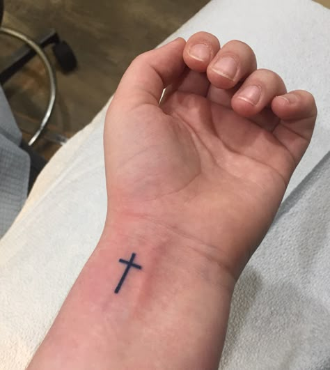 Navy Blue Tattoo Ink, Cross Mini Tattoo, Mini Men Tattoo, Cross Wrist Tattoo Men, Simple Men Tattoo Ideas, Small Tattoo Ideas Christian, Men’s Cross Tattoos, Simple Cross Tattoo For Men, Small Cross Tattoo For Men