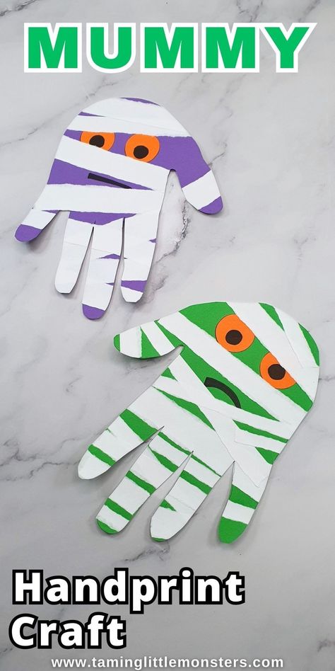 Easy Art And Craft, Halloween Handprint Art, Mummy Craft, Halloween Handprint Crafts, Halloween Handprint, Mummy Crafts, Big Pumpkin, Monster Craft, Halloween Crafts Preschool