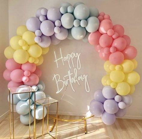 Pastel Color Balloon Decor, Birthday Decoration Pastel Colors, Pastel Color Decorations Party, Pastel Balloon Decor, Pastel Color Birthday Party Ideas, First Birthday Balloon Decorations, Pastel Balloons Decoration, Birthday Lights Decoration, Pastel Color Balloons