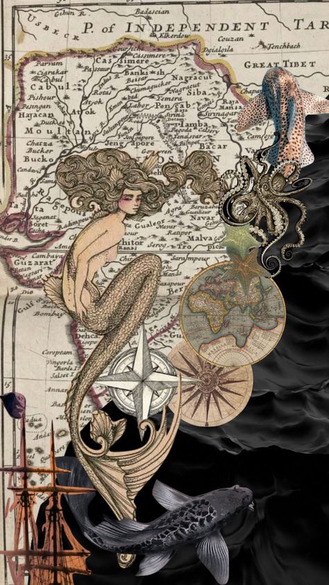 Mermaid Collage, Treasure Aesthetic, Mermaid Pirate, Mermaid Journal, Pirates Treasure, Map Collage, Vintage Moodboard, Maps Aesthetic, Navi A Vela