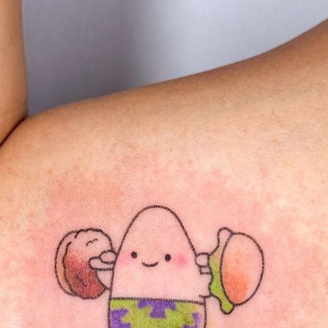 pigeon ✱ handpoke tattoos on Instagram: "Patrick’s leg day!!🏋🏻‍♂️🌟  I LOVED THIS IDEA, B wanted Patrick star exercising or lifting weights, so we had the weights made into the Krusty krab burgers🍔 work out + a snack for later!!!  #patrickstar #spongebobsquarepants #handpoketattoos #cutetattoos" Weight Lifting Tattoos, Lifting Tattoos, The Krusty Krab, Krusty Krab, Hand Poke, Patrick Star, Lifting Weights, Leg Day, Spongebob Squarepants