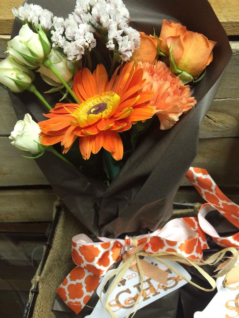 Senior night Cheerleader recognition flowers in school colors of orange and brown Senior Night Bouquet Ideas, Flowers For Senior Night, Senior Night Flowers Bouquets, Senior Night Flowers, Graduation Card Sayings, Nice Short Haircuts, Soccer Senior Night, Soccer Ideas, Basketball Senior Night